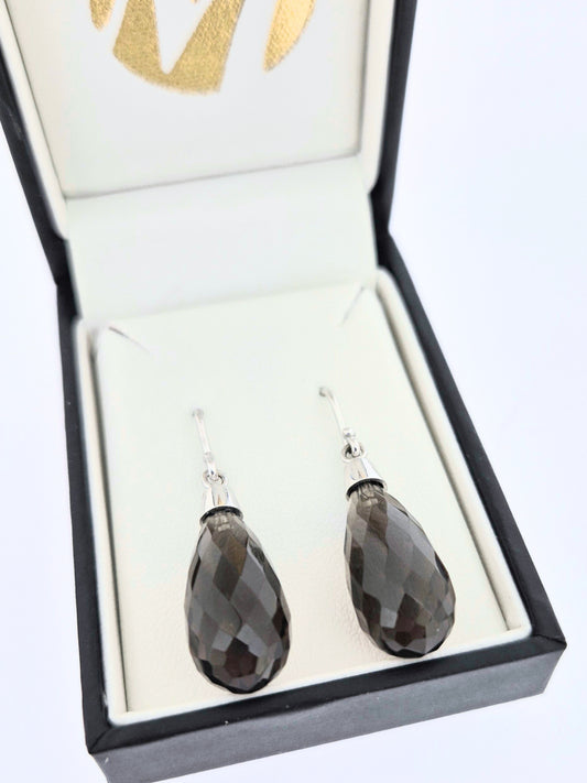 9ct White Gold Smokey Quartz Briolette Drop Earrings