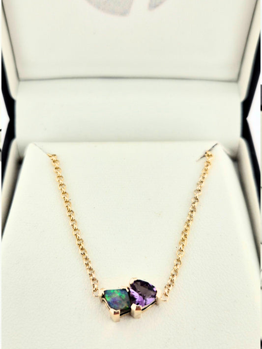 'Toi et Moi' 9ct Yellow Gold Amethyst and Australian Boulder Opal Necklet