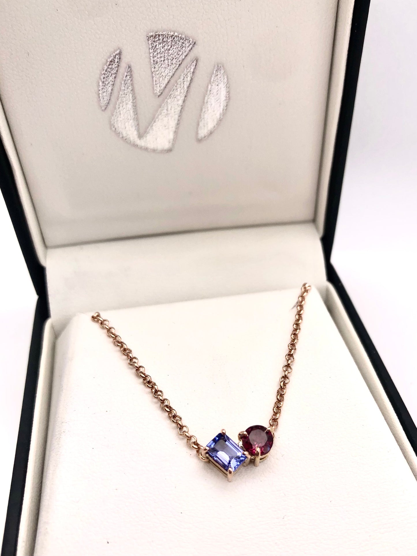 'Toi et Moi' 9ct Rose Gold Tanzanite and Rhodolite Garnet Necklet