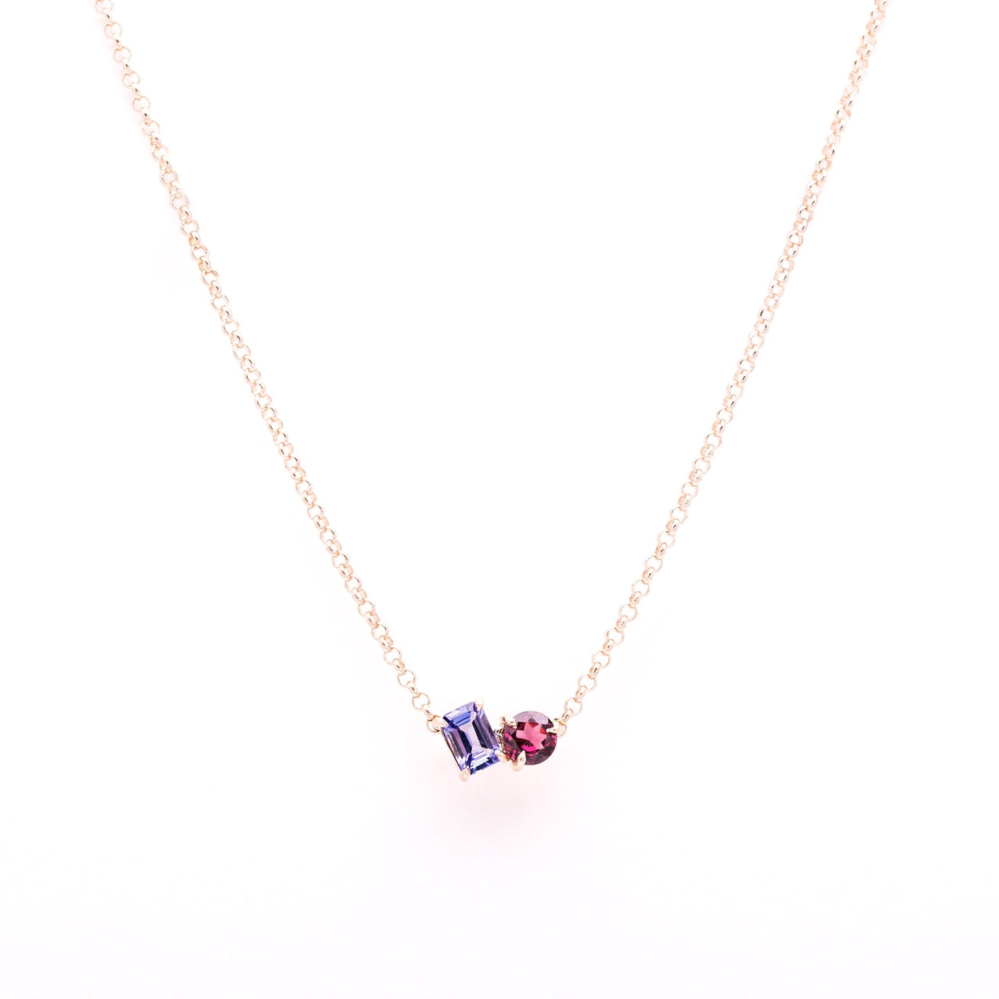 'Toi et Moi' 9ct Rose Gold Tanzanite and Rhodolite Garnet Necklet